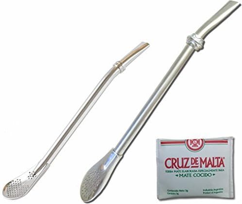 (2) HerbaFlow 7.5 and 6 Stainless Steel Yerba Mate Bombilla Straws with Cruz de Malta tea sample by HerbaFlow