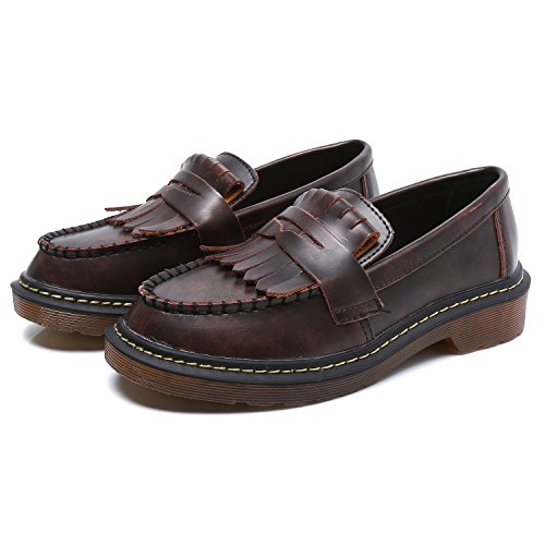 Smilun Damen Bootsschuhe Rund Toe Loafer Flach Mokassins Quaste - 7