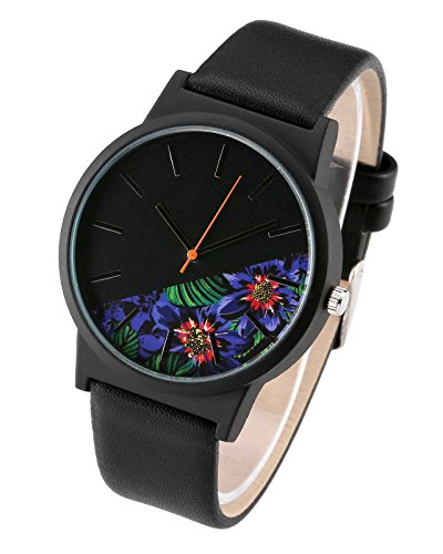 JSDDE Montre à Quartz Femme Fille Basel style Montre-bracelet moitié pivoine feuilles fleurs Noir Cadran Brace