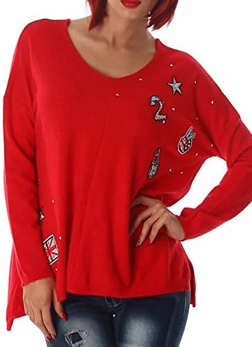 Ladies Long Jumper Sweatshirt Oversized V-Neck Rhinestone Knitted Tunic Slouch Dress Top 10 12 14 -  red - One Size