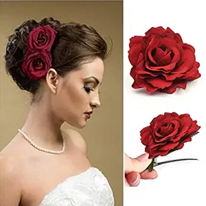 MOOLYAVAAN Products Hair Accessories Burgundy Red Rose Velvet Red Hair Clip Flower Brooch Floral Clip Hairpin Rose for Girls and Women (PACK OF 1)