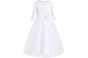 IEFIEL Princesse Robe De Mariage Fleur Lace Dentelle Blanche Robe de Baptême Fête Carnaval Festival Robe Noeud A Manches Longues 4-16 Ans