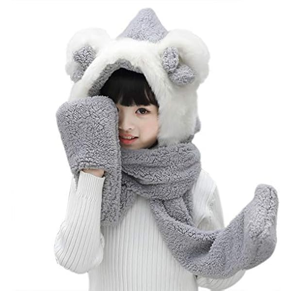 Cagoule Enfant Hiver 3 En 1 (bonnet, Cache-cou, Cache-visage) - Taille Unique 3-8 Ans, Polyester Doux, Oreilles D'ours