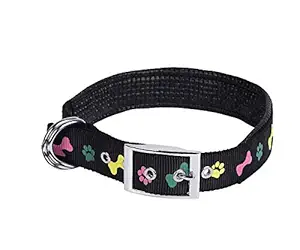 Pets Empire Pets Empire PU Leather Padded Paw and Bone Printed Dog Collar Nylon Foam Soft Adjustable Pet Cat Durable Collar (Small Neck 29-36cm, Black)