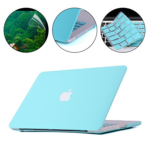 i-Buy Matte Gummierte Harte Schutzhülle Hülle für Apple Macbook Pro 13.3 Zoll mit Retina Display + Schutzfolie + Silikon Tastaturschutz + Anti-Staub-Stecker - Türkis