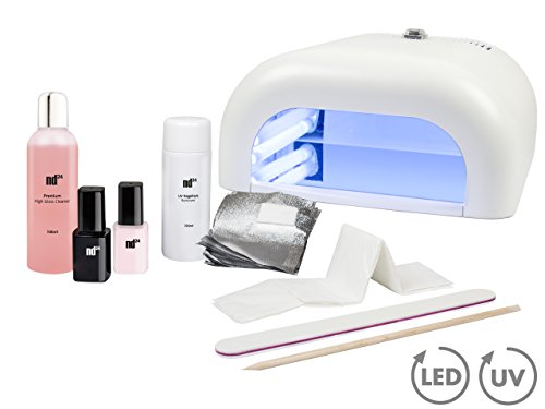 Nageldesign UV SHELLAC NAGELLACK STARTER-SET MIT UV LICHTGERÄT + Schellack Base Coat + Top Coat + Entferner + Zubehör - NagelSet BESTSELLER
