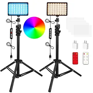 QEUOOIY 2 Packs 136Pcs RGB LED Video Conference Lighting with Adjustable Tripod Stand/White Filters, Dimmable 2500-6500K USB Studio Lighting Kit for Video Recording/YouTube Photography, TikTok, 1.2M
