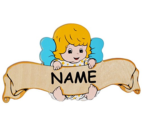 Preisvergleich Produktbild Türschild / Namensschild / Wandbild - aus Holz - " Baby Engel " - incl. Namen - Schild selbstklebend - für Kinderzimmer / oder Haustier Hundehütte - Tiere für Kinder Tier - Engelchen Neugeboren - Wandtattoo Bilder Namensschilder - Türschilder / Baby - Namen - Tür - Dekoschild - Wandschild