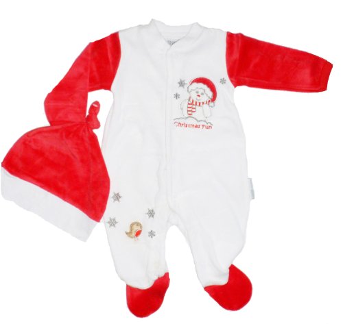 Babys Christmas White All in One Romper/Sleep Suit Inc Hat - Christmas Fun Design (Newborn)