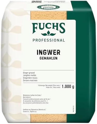 Fuchs Professional - Zenzero macinato | 1000 g in sacchetto riciclabile | Spezia piccante per piatti al curry e chutney | Qualità professionale per professionisti Ho.re.ca e ristoranti