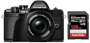 Olympus OM-D E-M10 Mark III Mirrorless Micro Four Thirds Digital Camera with 14-42mm EZ Lens & 16GB SDHC Card (Black) + SanDisk 128GB Extreme Pro SDXC UHS-I Card - C10, U3, V30, 4K UHD, SD Card