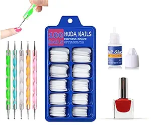 HUDA NAILS BEAUTY Nail Art Kit for Girls, 100Pcs Fake Nails with Artificial Nail Glue, 2 Way Usable Nail Dotting Pen and Long Lasting Nails Polish/Enamel (Red)