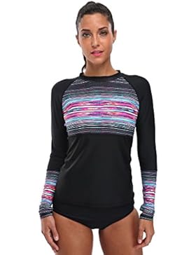 Attraco Damen Bademode UV-Schutz Streifen Langarm Shirt Rash Guard Oberteil UPF 50+