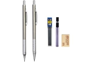 MROOFUL Set di matite meccaniche da 0,3 0,5 0,7 0,9 1,3 2,0 mm, interamente in metallo, per disegno artistico, pittura, matite automatiche, con mine per ufficio e scuola (matita da 1,3 mm, 2,0 mm)