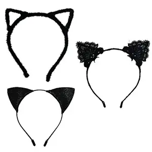 3PCS Cat Ears Headband Glitter Hairband Furry Lace Hair Hoops Cosplay Headwear Hair Accessories Birthday Party Gift (Black)