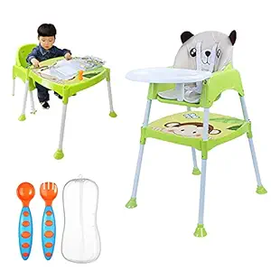 Safe-O-Kid 5 in 1 Convertible High Chair Booster, Combo, Feeding High Chair with Adjustable Tray and a Table and Soft Cushion and a Training Spoon Set with Box for Baby (Newly Launched), Green