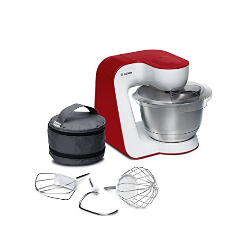 Bosch MUM54R00 Küchenmaschine StartLine Edelstahl-Rührschüssel, 3D Rührsystem, 7 Schaltstufen, 3,9 L, 900 W, weiß / tiefrot