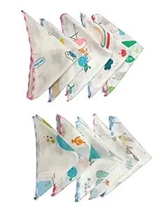 Printed Cotton Nursery Handkerchief Soft face Towel wash Clothes Napkins for boy & Girl Available in Different Combo Pack of 5/Pack of 10, White