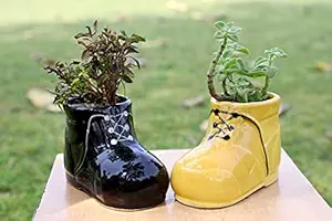 Lyallpur Stores Ceramic Planter Pot Shoe Shape, Medium (Yellow & Black Color, 9 cm) Plant Not Included