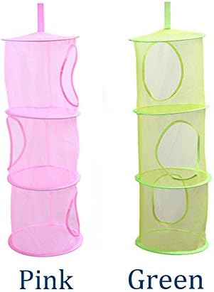 Sunblue 2Pcs Foldable Storage Net, Hanging Mesh Storage Basket Bra Underwear Socks 3 Shelf Tier Semi-closed Organizer for Kids Toys Games (Pink and Green)