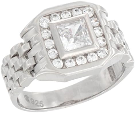 Mens Sterling Silver Square Ring with Cubic Zirconia Stones Watch Type Band 1/2 inch wide, Size V