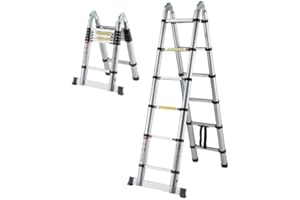 HER PRO Escalera Plegable de Aluminio telescopica Extensible multifuncion de Aluminio de 6 + 6 peldaños, hasta 3,8 Metros,Carga Maxima 150 kgs. (6X6 PELDAÑOS 3,8 Metros)