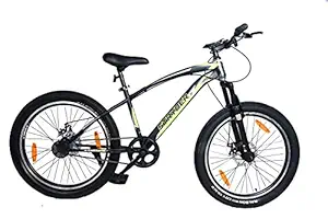 STRYDER Gelon 24 Inch Tire Single Speed Unisex Mountain/Hardtail Cycle Bike - 16 inch Frame, Semi Fat Bike, Dual Disc, Front Suspension, Metallic Black/Green, Ideal for 8+ Years, Teen