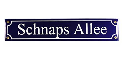 Buddel Bini Schild Straßenschild Schnaps Allee Email Biergarten Strassen Emaille, 40x8 cm, blau