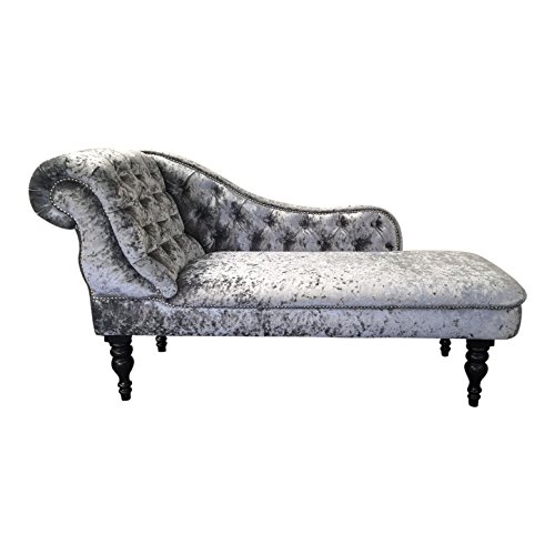 Deluxe Traditional Chaise Longue in Silver crushed velvet fabric