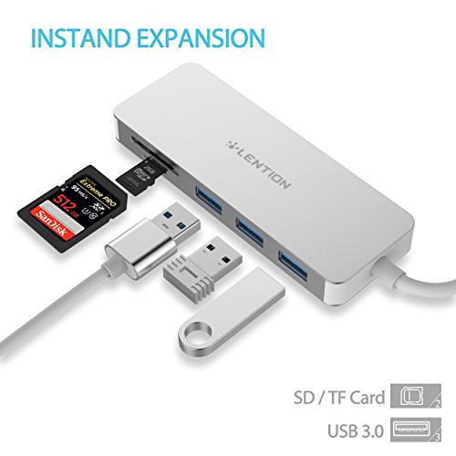 LENTION USB-C HUB, Typ c Adapter mit 3 Superspeed USB 3.0 Ports, 2 SD / TF Kartenleser Ports für Type-C Computer und Tablets wie MacBook 12″ 2015/2016, MacBook Pro 2016, Google Chromebook 2016 – Silber - 2