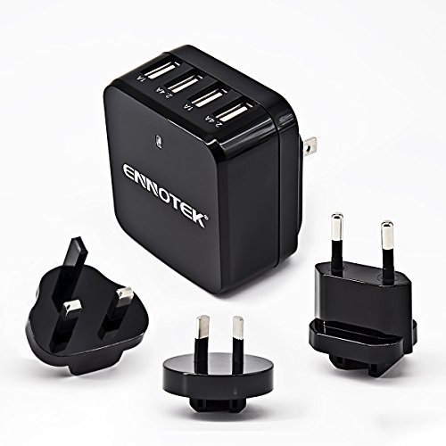 Ennotek Cargador de pared universal de 4 puertos USB 34W para teléfonos móviles y tabletas con enchufes intercambiables UK / US / EU y australianos - Negro
