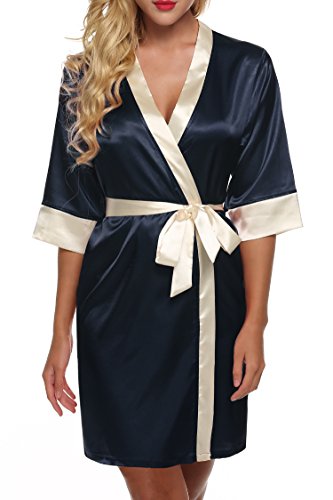 Ekouaer Morgenmantel Damen Satin sexy Kimono kurz edel saunamantel