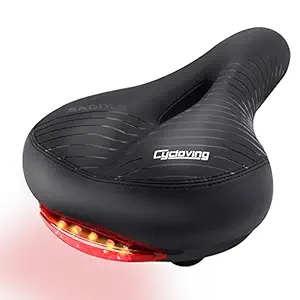 Cycloving Comfortable Gel Bike Seat with Bright Taillight, Memory Foam Padded Leather Wide Bicycle Saddle Fit Most Men Women Bikes