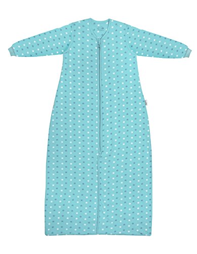 Preisvergleich Produktbild Baby Winter Reiseschlafsack mit langen Ärmeln, warm wattiert für Raumtemperaturen unter 18 Grad geeignet. Hergestellt aus aus petrolfarbenem Jersey Baumwollstoff mit Sternen bedruckt
