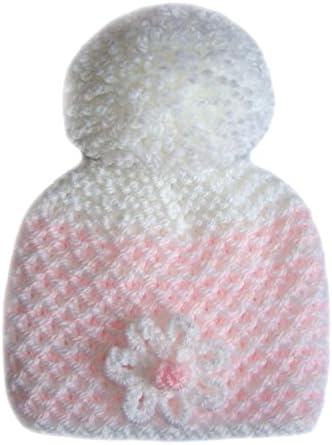 White / Pink Hand Knitted Baby Girl Bobble Pompom Hat With Flower - Premature To Newborn, 0-3 months (small baby 5-6 lbs, white flower / pompom)