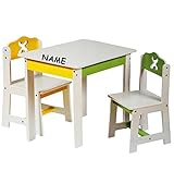 3 tlg. Set: Sitzgruppe für Kinder – aus sehr stabilen Holz – weiß / grün / gelb – Tisch + 2 Stühle / Kindermöbel für Jungen & Mädchen – Kindertisch – Kinderstuhl – Kinderzimmer für circa 1 – 3 Jahre – Kindersitzgruppe – Tischgruppe / Stühlen - 3