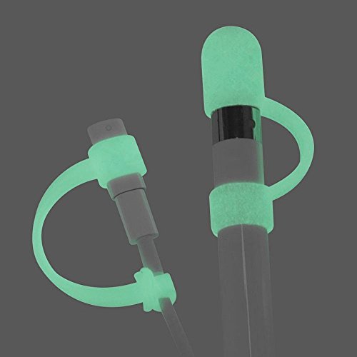 Jisoncase [4-teilig] Apple Pencil und Lightning-Adapter Hülle/ Halter, Herunterrollen zu vermeiden, Halterungen für USB Kabel Ladekabel Datenkabel Adapter, 9.7 12.9 Zoll iPad Pro Pen Kappe Apple Stift Pencilschutz Stiftehalter , praktische applepen Zubehör, Silikon, lichtdurchlässig/ weiß(Fluoreszenz) JS-APL-03P02 - 2