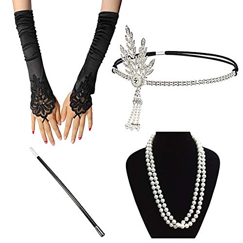 InnoBase 1920er Jahre Zubehör Set Great Gatsby Flapper Kostüm für Frauen Feder Stirnband, Perlenkette, Spitze Handschuhe Zubehör, schwarz Zigarettenspitze Zubehör für Party (C17)