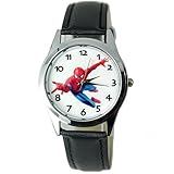 taport® Spiderman Bergkristall rund Sport Armbanduhr Schwarz Echt Leder Band + Gratis Ersatz Batterie + Gratis Geschenkverpackung
