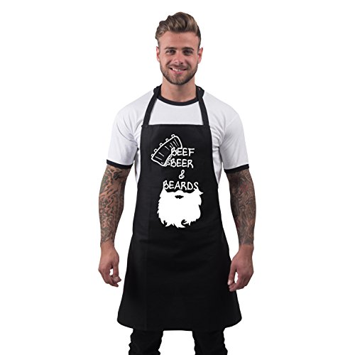 Funny BBQ Apron Novelty Aprons Cooking Gifts for Men Beef, Beer & Beards Black One Size Garden