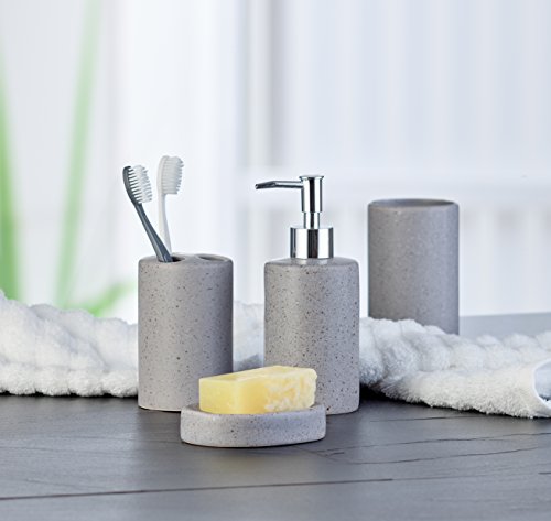 axentia 126823 Bad-Set Colmar, Badausstattung, WC-Zubehör aus hochwertiger Keramik und Bambus, grau, 24.5 x 22.5 x 8 cm - 2