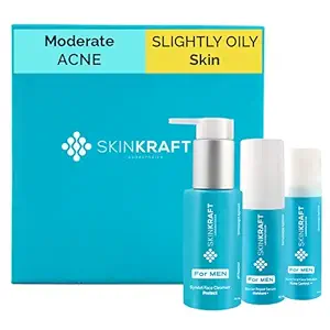 SkinKraft For Men - Moderate Acne Kit For Slightly Oily Skin - Customized Acne Kit For Men - 3 Product Kit - Slightly Oily Skin Cleanser For Men + Slightly Oily Skin Moisturizer For Men + Moderate Acne Active Serum For Men - Dermatologist Approved