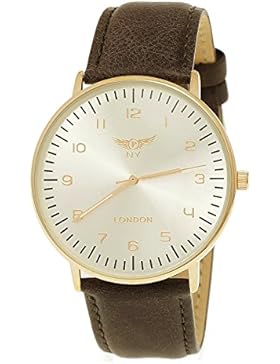 NY London designer Slim Unisex Leder Armband Uhr, Braun Gold,super flach,inkl.Uhrenbox