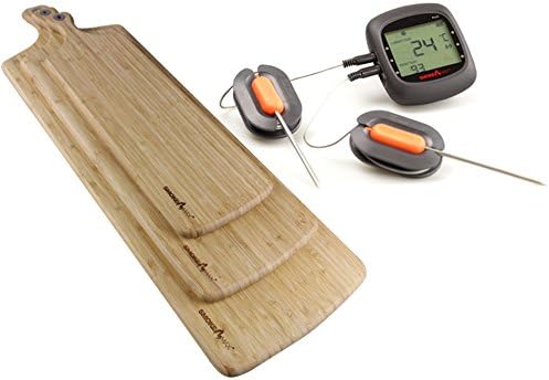 Smoke App Max Pro Set Pro6 Bluetooth Smart Wireless BBQ Thermometer + Smoke Max® Large 3 set L + XL + XXL (XXL) – 100% Natural Bamboo Serving/Chopping Board Design Board