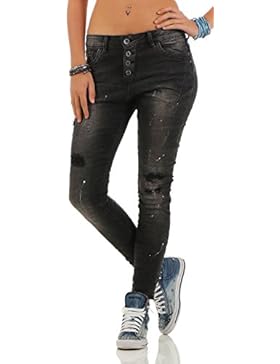 Lexxury Damen Boyfriends Baggy Stretch Jeans destroyed Look Damenhose Hüftjeans Denim Knopfleiste