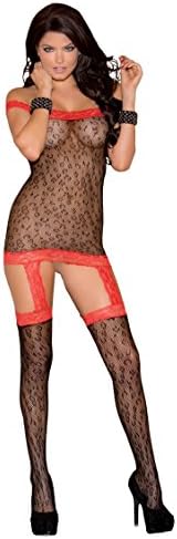 Glitter Women's Off The Shoulder Animal Patterned Bodystocking with Lace, Red/Black, One Size