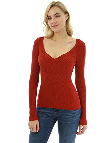 PattyBoutik Donne Maglione a Costine con Scollo a V tacca (Rosso 40/42)