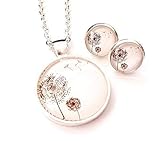  Schmuck-Set aus Kette Anhänger Ohrringe mit Motiv Pusteblume - Damen Halskette Glas Cabochon Kettenanhänger - wahlweise Ohrstecker o. Ohrhänger