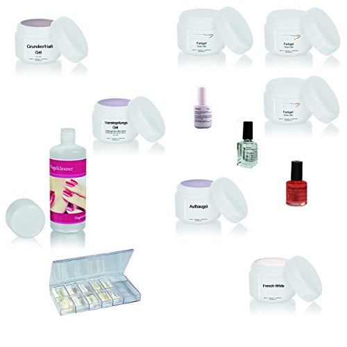 Nagelstudio Refillset Bestseller Nachfüllset UV Gel Starterset Farbgele Haftgel Aufbaugel French White Versiegelung Primer Nagelöl Tipkleber Tipbox und Nagel Cleaner