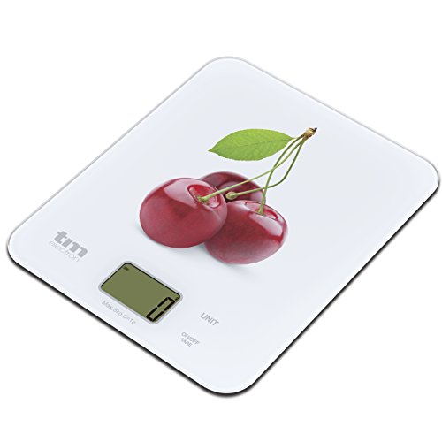 Tm Electron TMPBS022 Báscula Digital de Cocina Ultra Delgada con diseño de Cerezas, Pantalla LCD de 18 mm, Cristal, Blanco